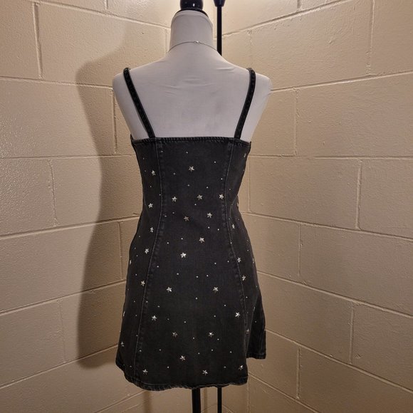 Black Denim Star Studded A Line Moto Mini Dress - Picture 5 of 7